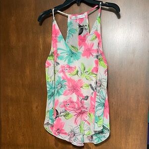 Vibrant Floral Tank Top with Pink and Green Accents